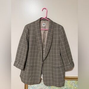 Anne Klein Plaid Blazer Women’s Large Brown Windowpane Open Front Jacket